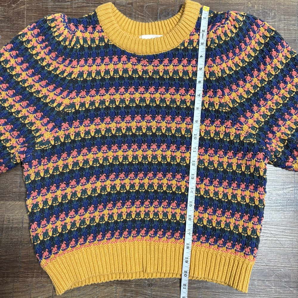 Women's Short-Sleeve Knit Sweater - Mustard Multicolored - Picture 7 of 8